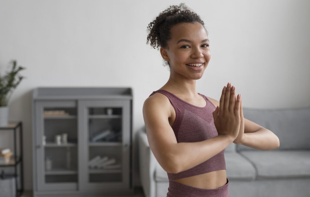 Woman practicing mindfulness, wellness practices